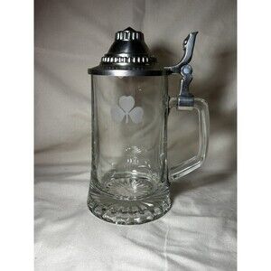 Vintage Domex Glass Beer Stein Mug etched clover lucky lion pewter hinged lid